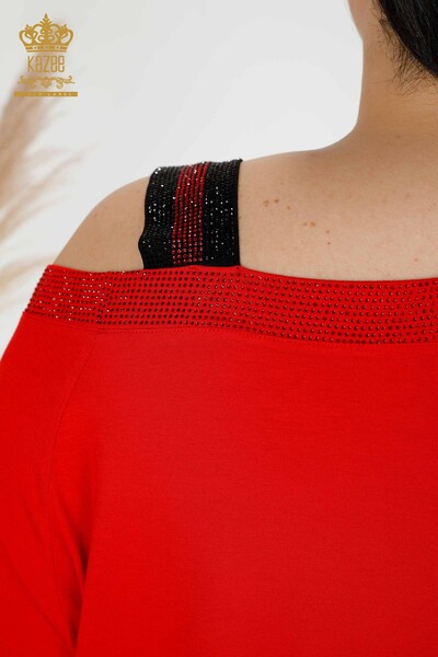 Hurtownia tuniki damskiej na ramię, szczegółowa, haftowana kamieniem w kolorze czerwonym - 77721 | KAZEE - Thumbnail