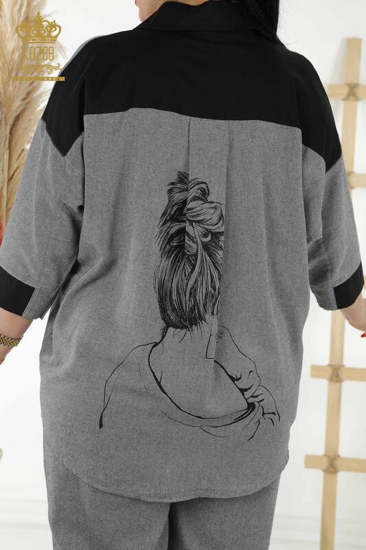 Hurtownia kompletu koszul damskich ze wzorzystą kieszonką w kolorze antracytowym - 20332 | KAZEE