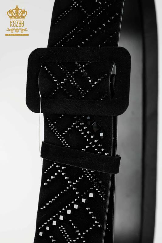 Hurtownia paska damskiego w paski z kryształowymi kamieniami, haftowana czarna - 540 | KAZEE