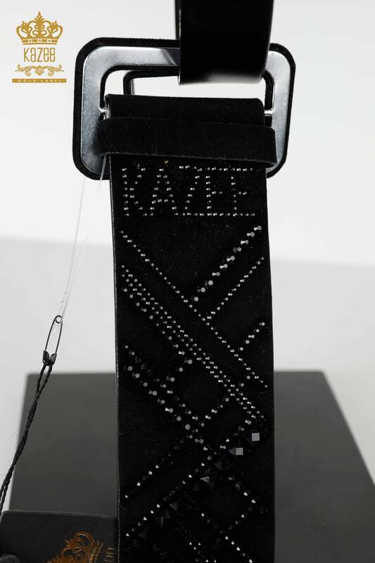 Hurtownia paska damskiego w paski z kryształowymi kamieniami, haftowana czarna - 540 | KAZEE