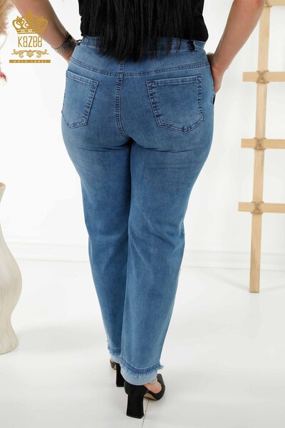 Hurtownia spodni jeansowych damskich niebieskich z detalami tekstowymi - 3677 | KAZEE - Thumbnail