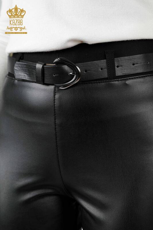 Hurtownia spodni skórzanych damskich z guzikami i szczegółowym paskiem wiskozy - 3623 | KAZEE
