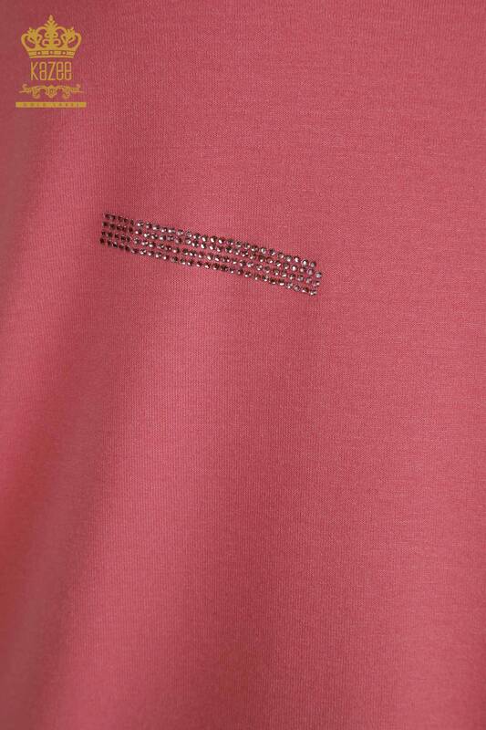 Hurtownia bluzek damskich z haftowanym kamieniem w kolorze różowym - 79365 | KAZEE