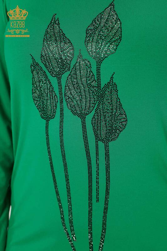 Hurtownia bluzek damskich z haftowanym kamieniem w kolorze zielonym - 79041 | KAZEE