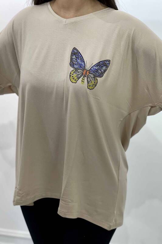 Hurtownia bluzek damskich z nadrukiem motyli i haftowanymi kamieniami - 77717 | kazee
