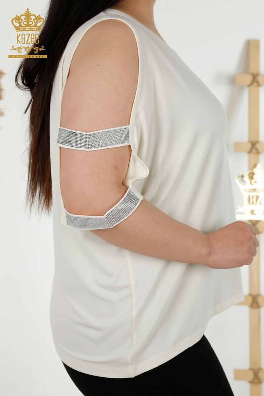 Hurtownia bluzek damskich na ramię, szczegółowo ecru - 79108 | KAZEE