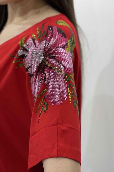 Hurtownia damska bluzki z krótkim rękawem i kwiatowym wzorem z kamieniami na ramionach - 77800 | KAZEE - Thumbnail