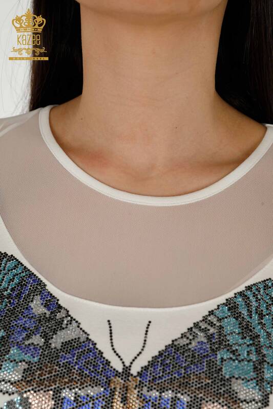 Hurtownia bluzek damskich w motylkowe wzory ecru - 79103 | KAZEE