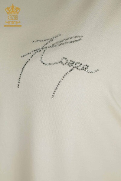 Hurtownia bluzek damskich z haftem w kamienie ecru - 79221 | KAZEE - Thumbnail