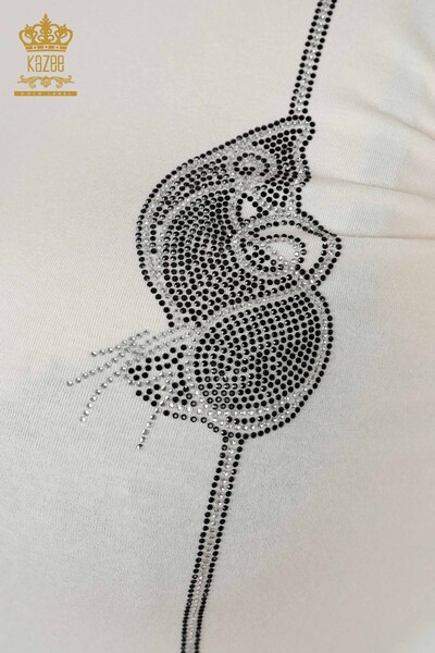 Hurtownia bluzek damskich z haftowanym kamieniem i okrągłym dekoltem EKRU - 79000 | KAZEE - Thumbnail