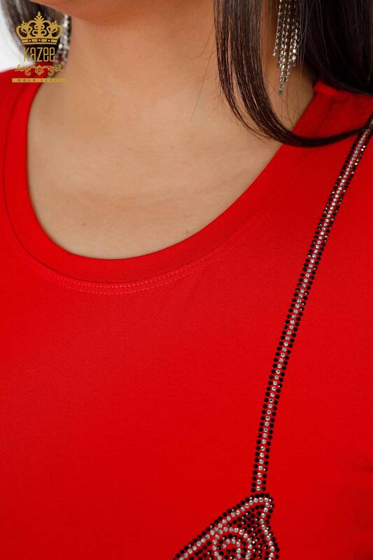 Hurtownia bluzek damskich z haftowanym kamieniem i okrągłym dekoltem w kolorze czerwonym - 79000 | KAZEE