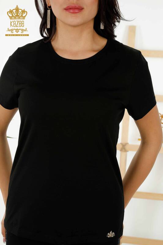 Hurtownia bluzek damskich z krótkim rękawem, czarna - 79178 | KAZEE