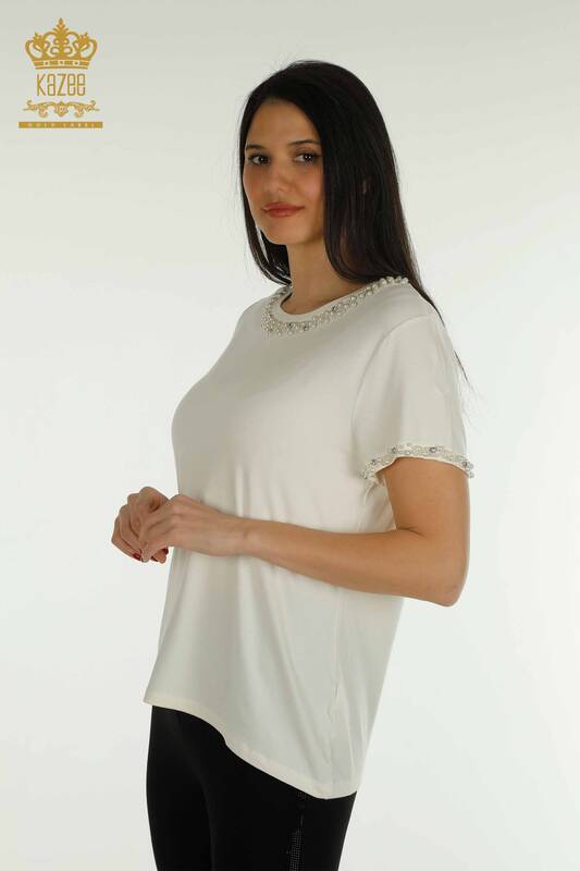 Hurtownia bluzek damskich z krótkim rękawem ecru - 79197 | KAZEE