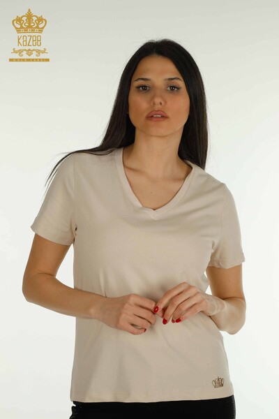 Hurtownia bluzek damskich - Z krótkim rękawem - jasnobeżowy - 79561 | KAZEE - Thumbnail