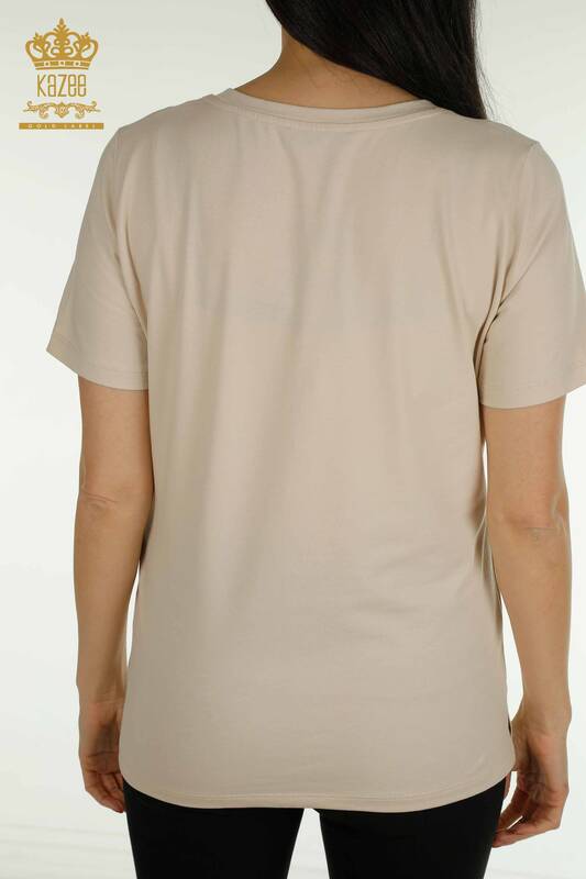 Hurtownia bluzek damskich - z krótkim rękawem - jasnobeżowy - 79563 | KAZEE