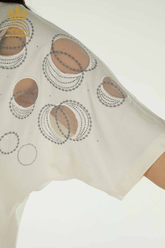 Hurtownia bluzek damskich - Z krótkim rękawem - wzorzyste - ecru - 79094 | KAZEE