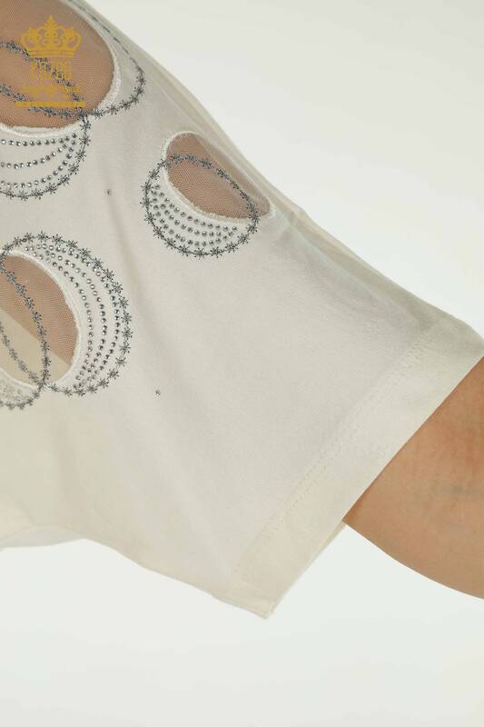 Hurtownia bluzek damskich - Z krótkim rękawem - wzorzyste - ecru - 79094 | KAZEE