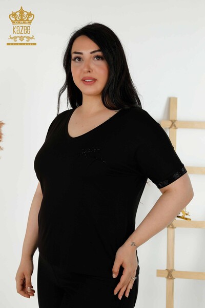 Hurtowa damska bluzka z guzikami, szczegółowa czarna - 79297 | KAZEE - Thumbnail