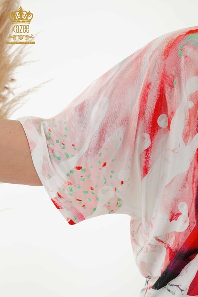 Hurtownia bluzek damskich z haftowanym kamieniem w kolorze czerwonym - 77000 | KAZEE - Thumbnail