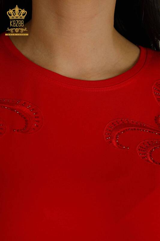 Hurtownia bluzek damskich z haftowanym kamieniem w kolorze czerwonym - 79057 | KAZEE