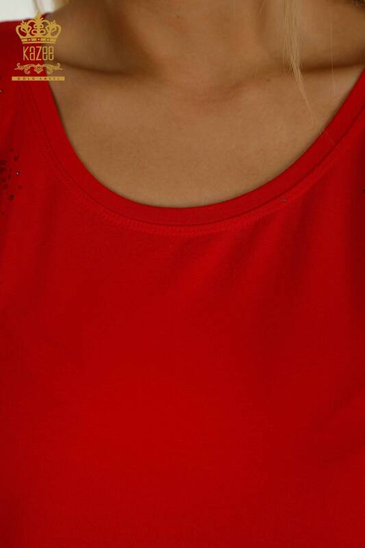 Hurtownia bluzek damskich z haftowanym kamieniem w kolorze czerwonym - 79097 | KAZEE