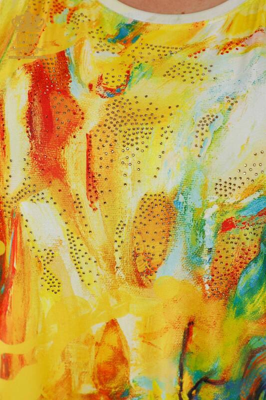 Hurtownia bluzek damskich z haftem kamiennym w kolorze żółtym - 77000 | KAZEE