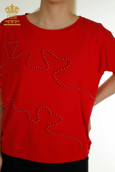 Hurtownia bluzek damskich - Haftowanych koralikami - czerwona - 79196 | KAZEE - Thumbnail