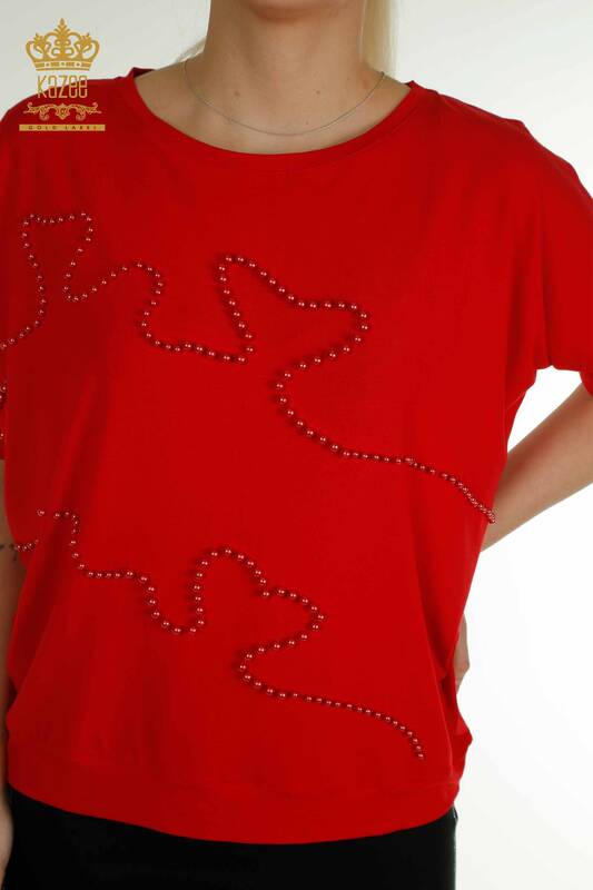 Hurtownia bluzek damskich - Haftowanych koralikami - czerwona - 79196 | KAZEE