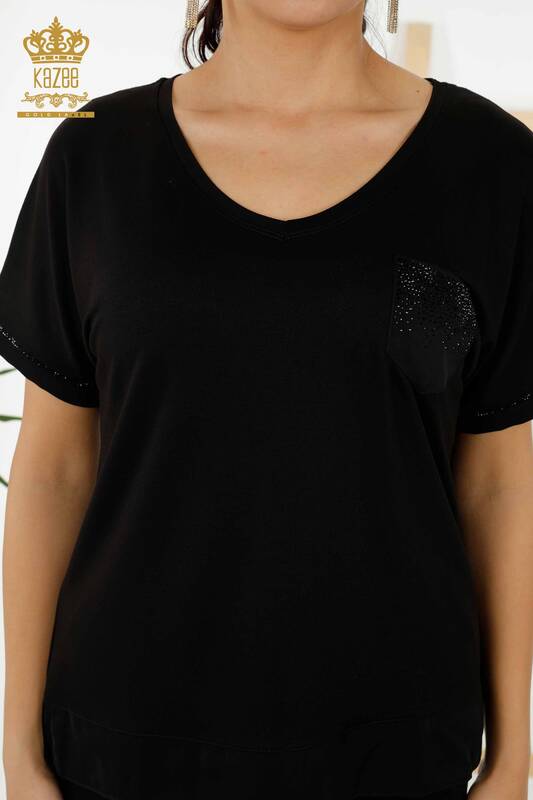 Hurtownia bluzek damskich kieszonkowych haftowanych czarnych - 79195 | KAZEE