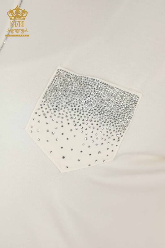Hurtownia bluzek damskich kieszonkowych haftowanych ecru - 79222 | KAZEE