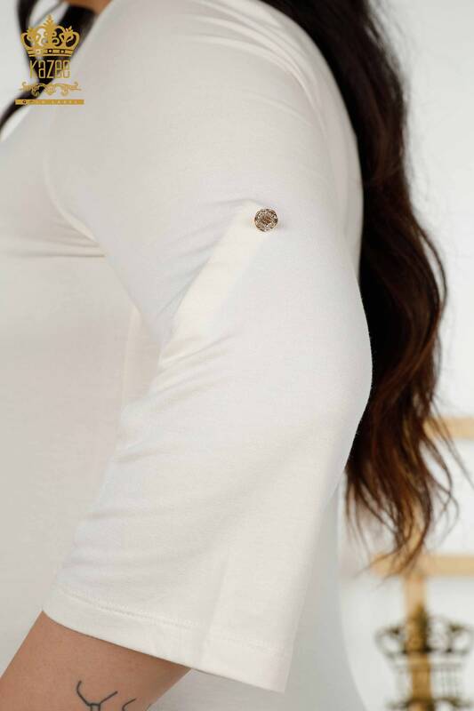 Hurtownia bluzek damskich z kieszeniami z krótkim rękawem ecru - 79234 | KAZEE