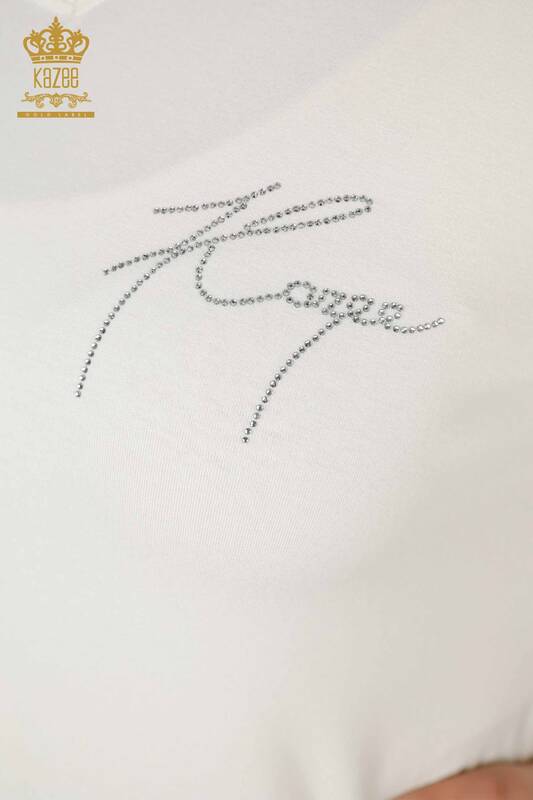 Hurtownia bluzek damskich z kryształowym kamieniem haftowanym ecru - 77935 | KAZEE