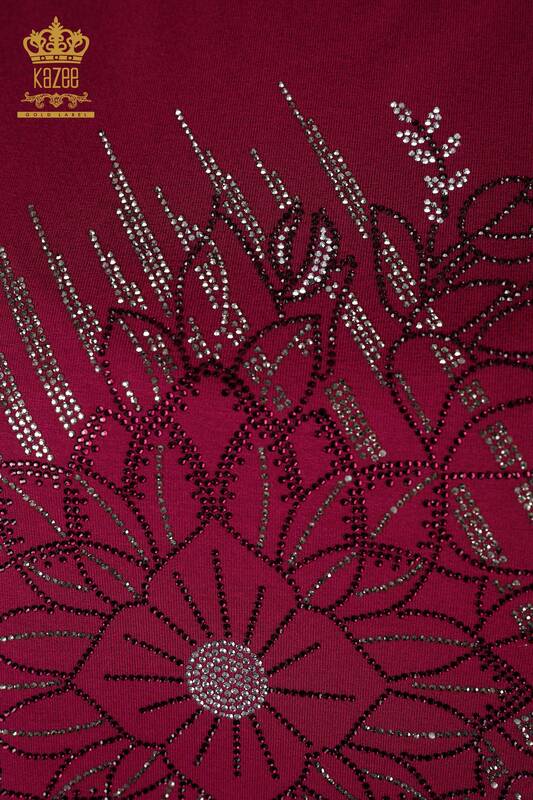 Hurtownia bluzek damskich z kryształowym kamieniem haftowanym liliowym - 78944 | KAZEE