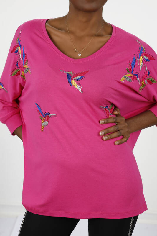 Hurtownia damskiej bawełny czesanej ze szczegółowym haftem w kształcie ptaka - 77886 | kazee