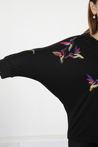 Hurtownia damskiej bawełny czesanej ze szczegółowym haftem w kształcie ptaka - 77886 | kazee - Thumbnail