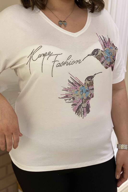 Hurtownia bluzek damskich z postaciami ptaków i kolorowym haftem z kamieniami - 77508 | Kazee