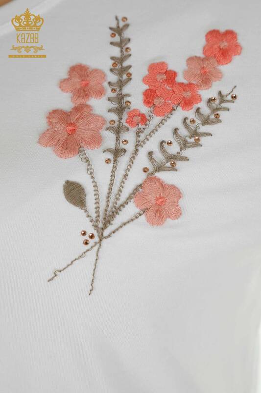 Hurtownia bluzek damskich - haftowana w kwiaty - biała - 79466 | KAZEE