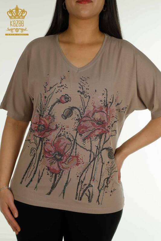 Hurtownia bluzek damskich - haftowana w kwiaty - norek - 79330 | KAZEE