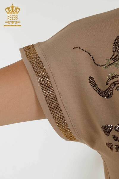Hurtownia bluzek damskich w panterkę z haftowanym kamieniem beżowym - 79066 | KAZEE - Thumbnail