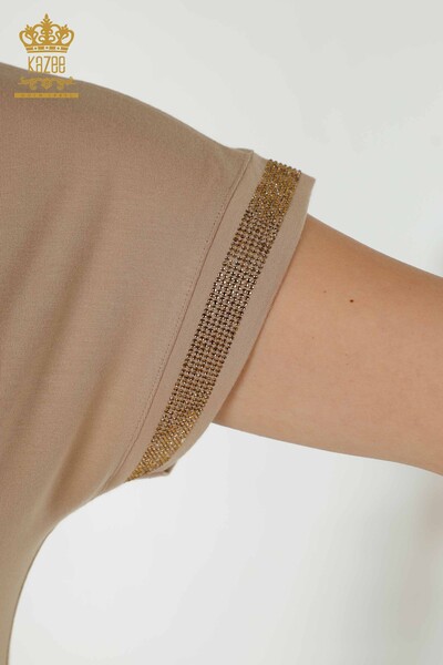 Hurtownia bluzek damskich w panterkę z haftowanym kamieniem beżowym - 79066 | KAZEE - Thumbnail