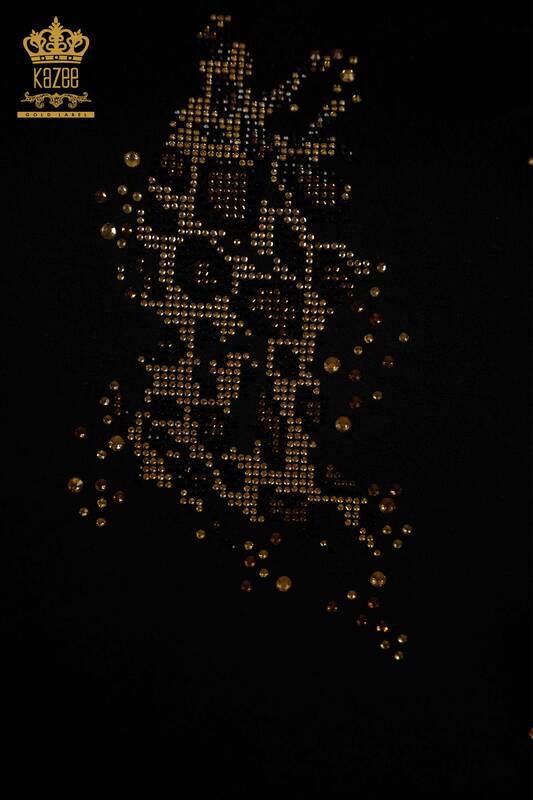 Hurtownia bluzek damskich w panterkę z haftowanym kamieniem w kolorze czarnym - 79383 | KAZEE