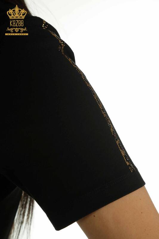 Hurtownia bluzek damskich w panterkę z haftowanym kamieniem w kolorze czarnym - 79484 | KAZEE