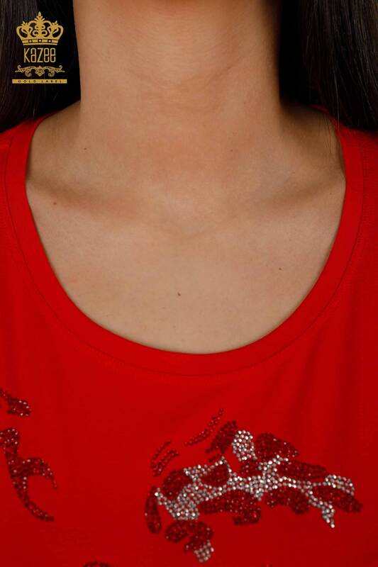 Hurtownia bluzek damskich w panterkę z haftowanym kamieniem w kolorze czerwonym - 79066 | KAZEE