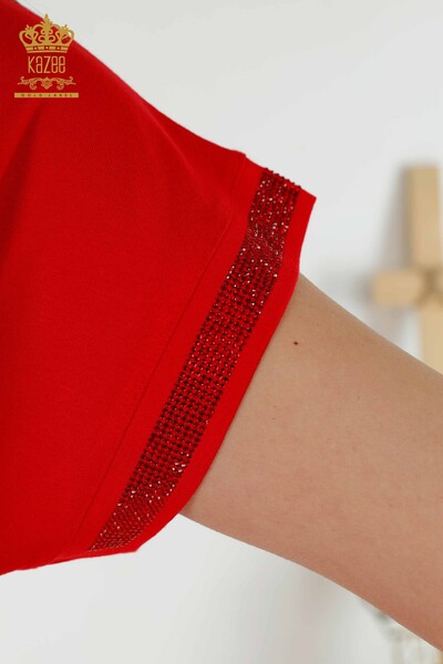 Hurtownia bluzek damskich w panterkę z haftowanym kamieniem w kolorze czerwonym - 79066 | KAZEE - Thumbnail