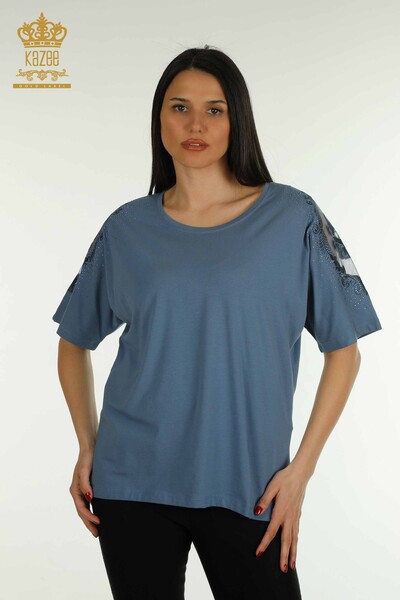 Hurtownia damska bluzka na ramię tiulowa szczegółowa indygo - 79553 | KAZEE - Thumbnail