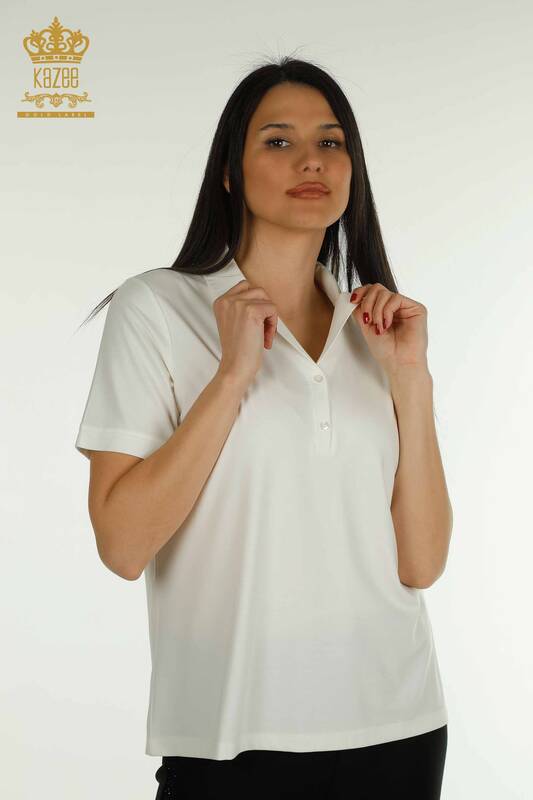 Hurtownia bluzek damskich z dekoltem polo Ecru - 79503 | KAZEE