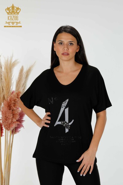 Hurtownia bluzek damskich z tekstem w kolorze czarnym - 78935 | KAZEE - Thumbnail