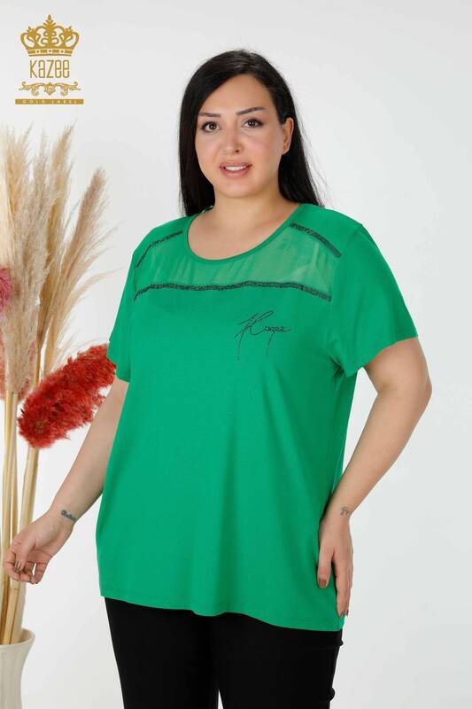 Hurtownia bluzek damskich z tiulowymi detalami w kolorze zielonym - 78996 | KAZEE