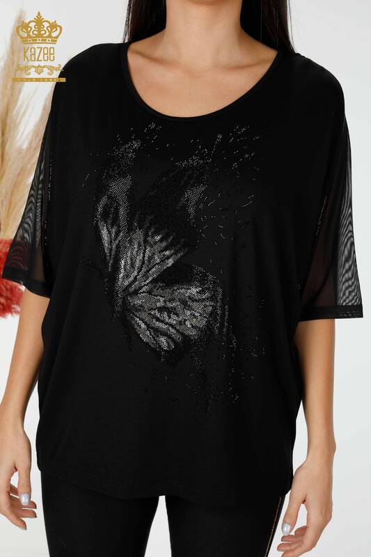 Hurtownia bluzek damskich z tiulowymi detalami w kolorze czarnym - 77998 | KAZEE