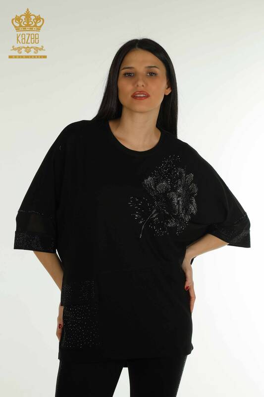 Hurtownia bluzek damskich z tiulowymi detalami w kolorze czarnym - 79298 | KAZEE